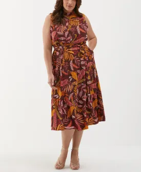 Plus Size Leaf Print Belted Dress