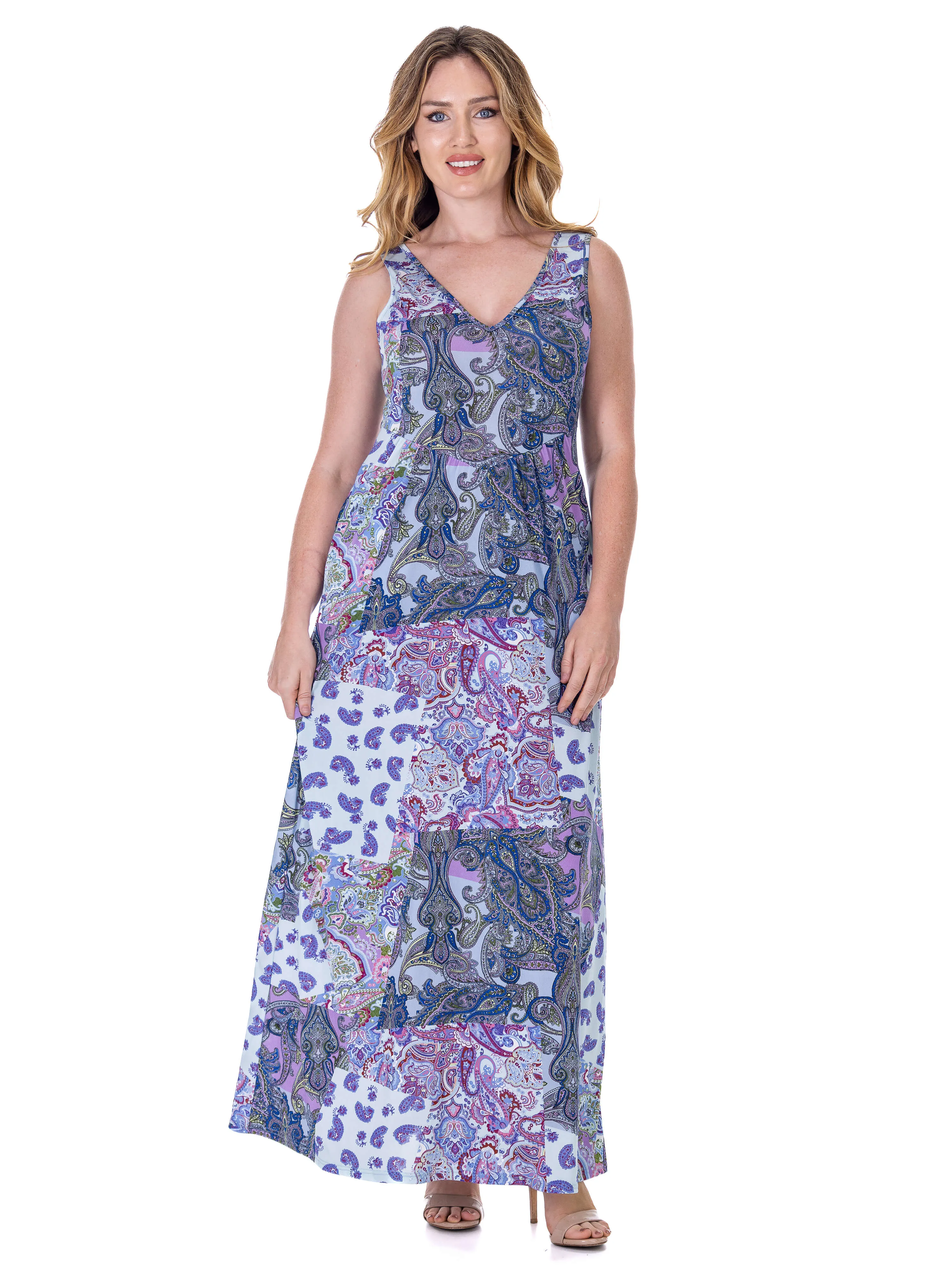 Purple Paisley Sleeveless V Neck Maxi Dress With Pockets