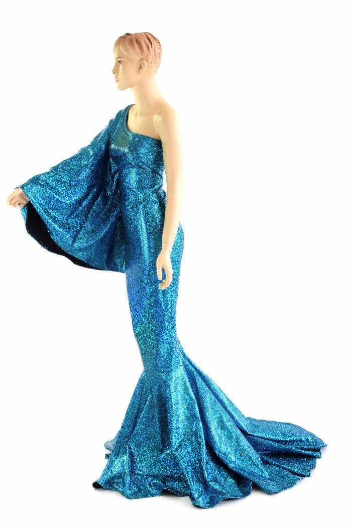 "Sea Goddess" One Shoulder Turquoise Puddle Train Gown