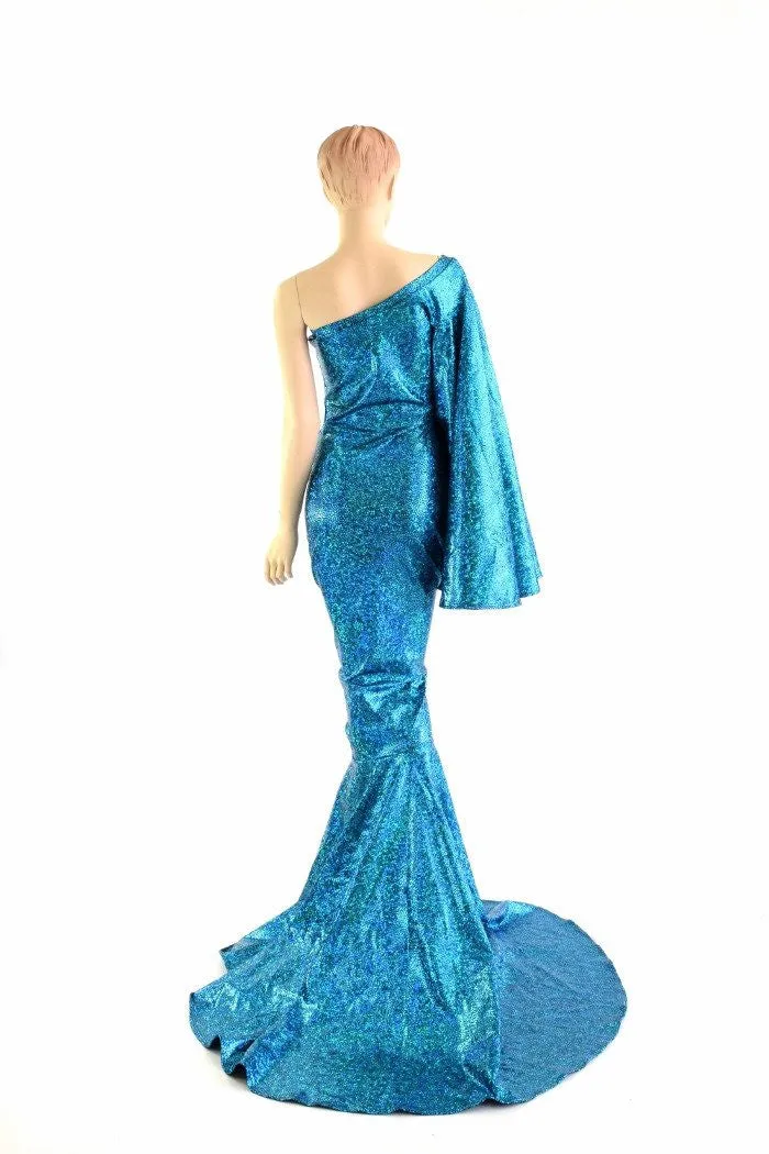 "Sea Goddess" One Shoulder Turquoise Puddle Train Gown