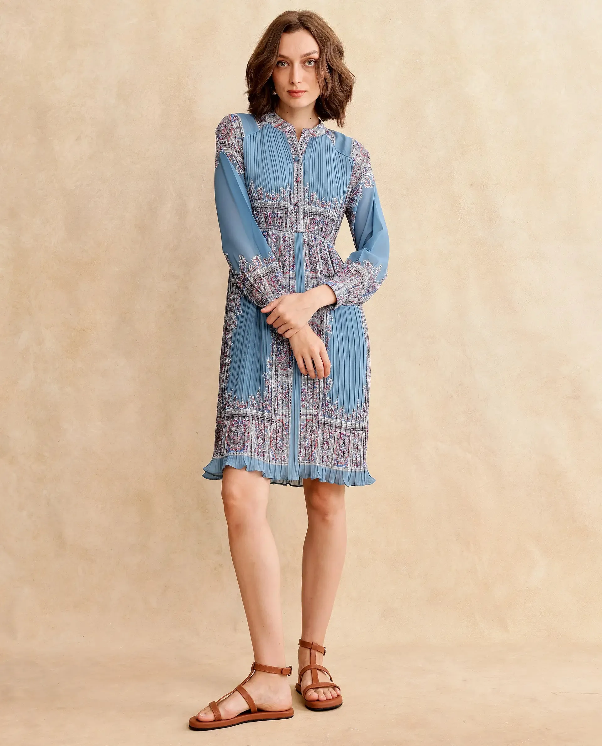 Rareism Women Bandene Dusky Blue Raglan Sleeves Mandarin Collar Button Closure A-Line Knee Length Bandana Print Dress