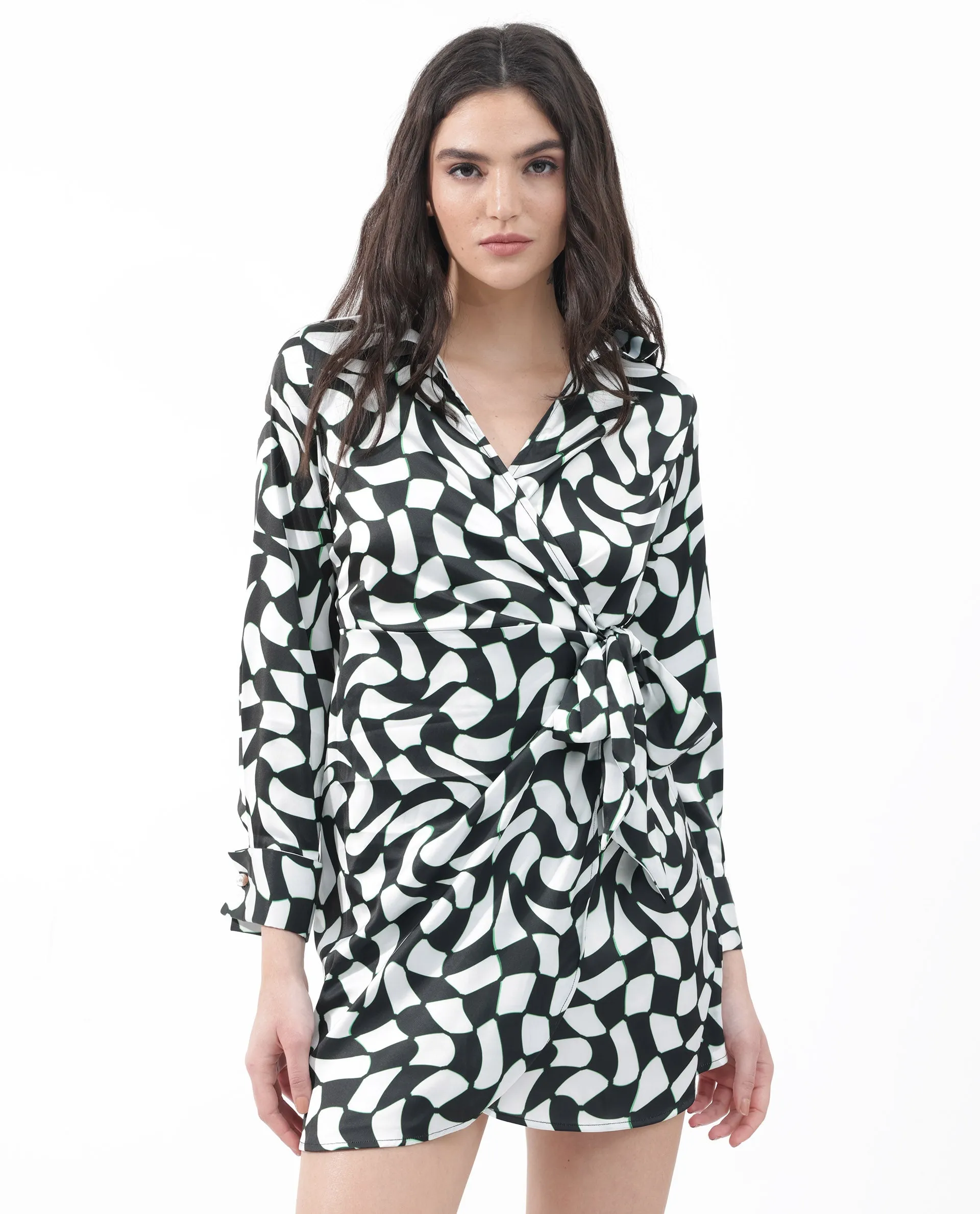 Rareism Women Bernard Multi Polyester Fabric Regular Sleeves V-Neck Abstract Print Regular Length Dress