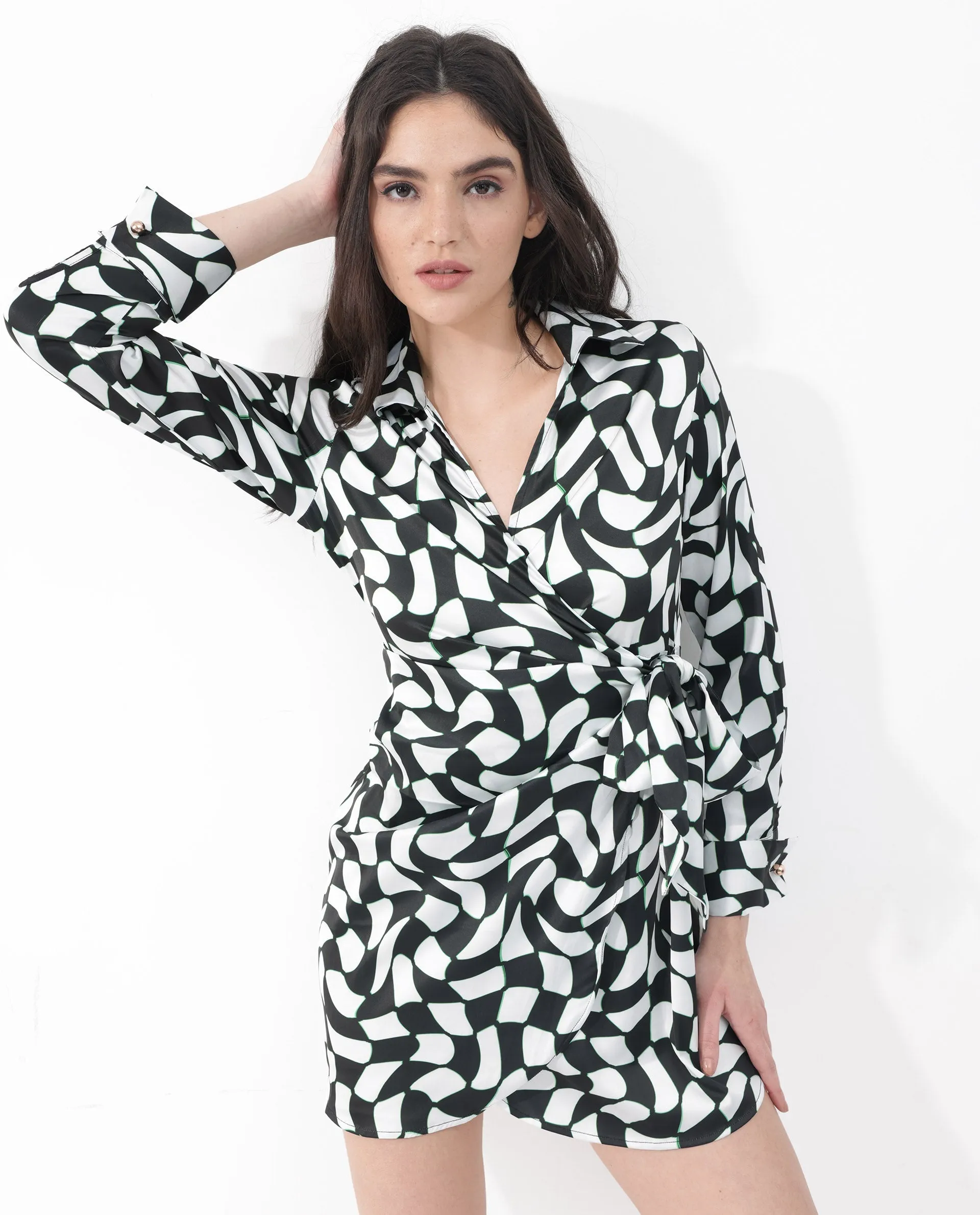 Rareism Women Bernard Multi Polyester Fabric Regular Sleeves V-Neck Abstract Print Regular Length Dress