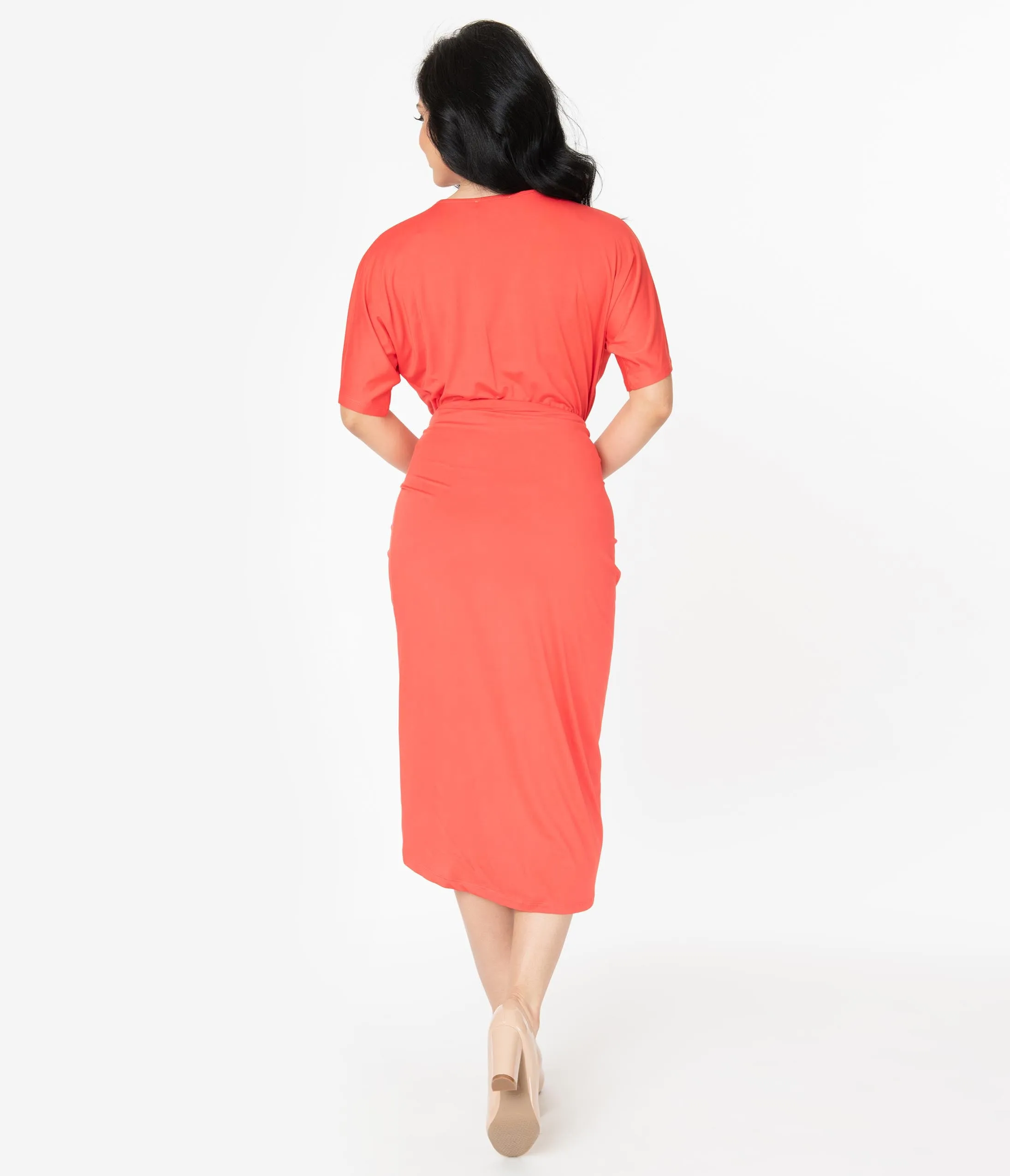 Retro Style Coral Short Sleeve Ruched Wrap Front Dress