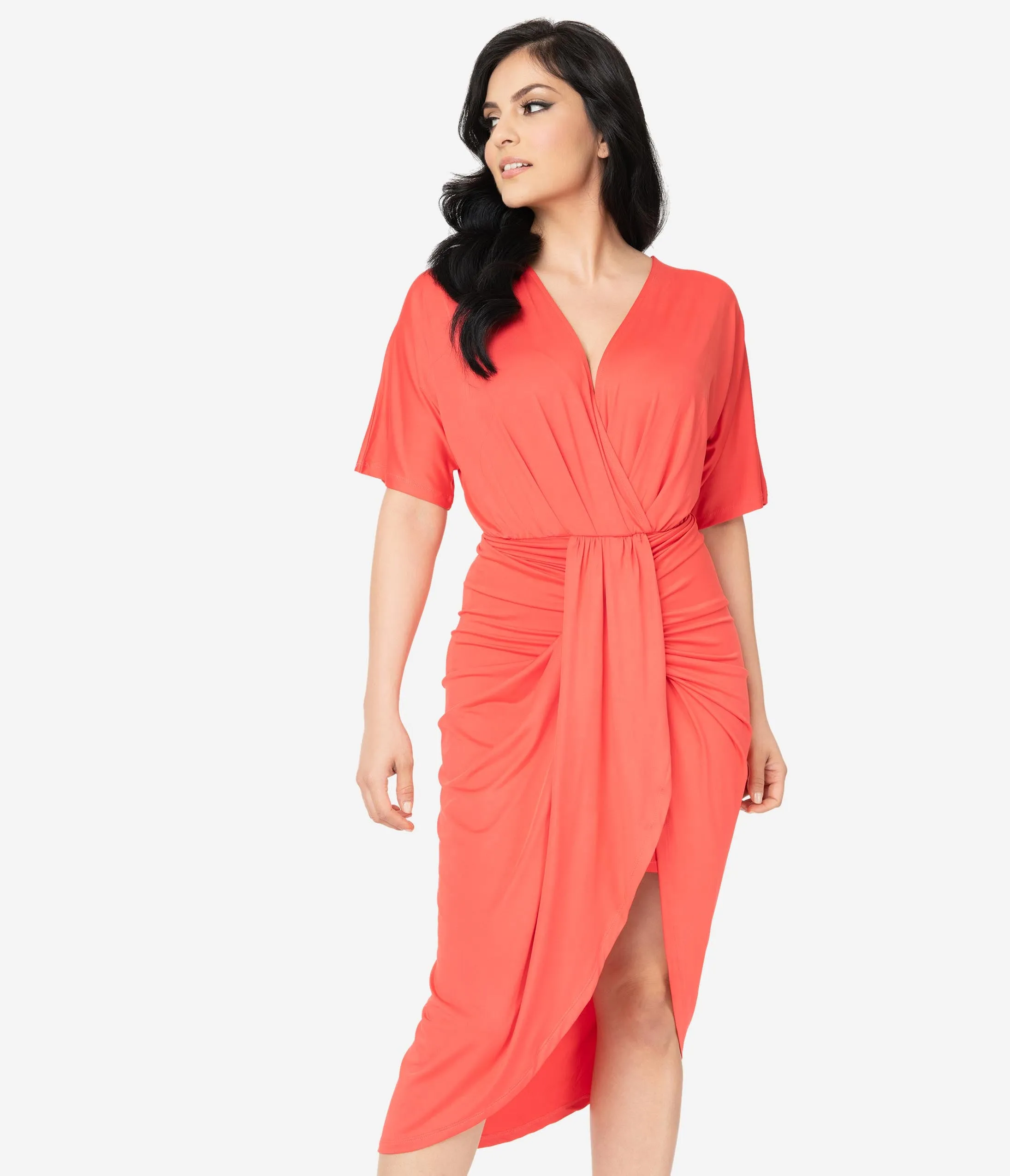 Retro Style Coral Short Sleeve Ruched Wrap Front Dress