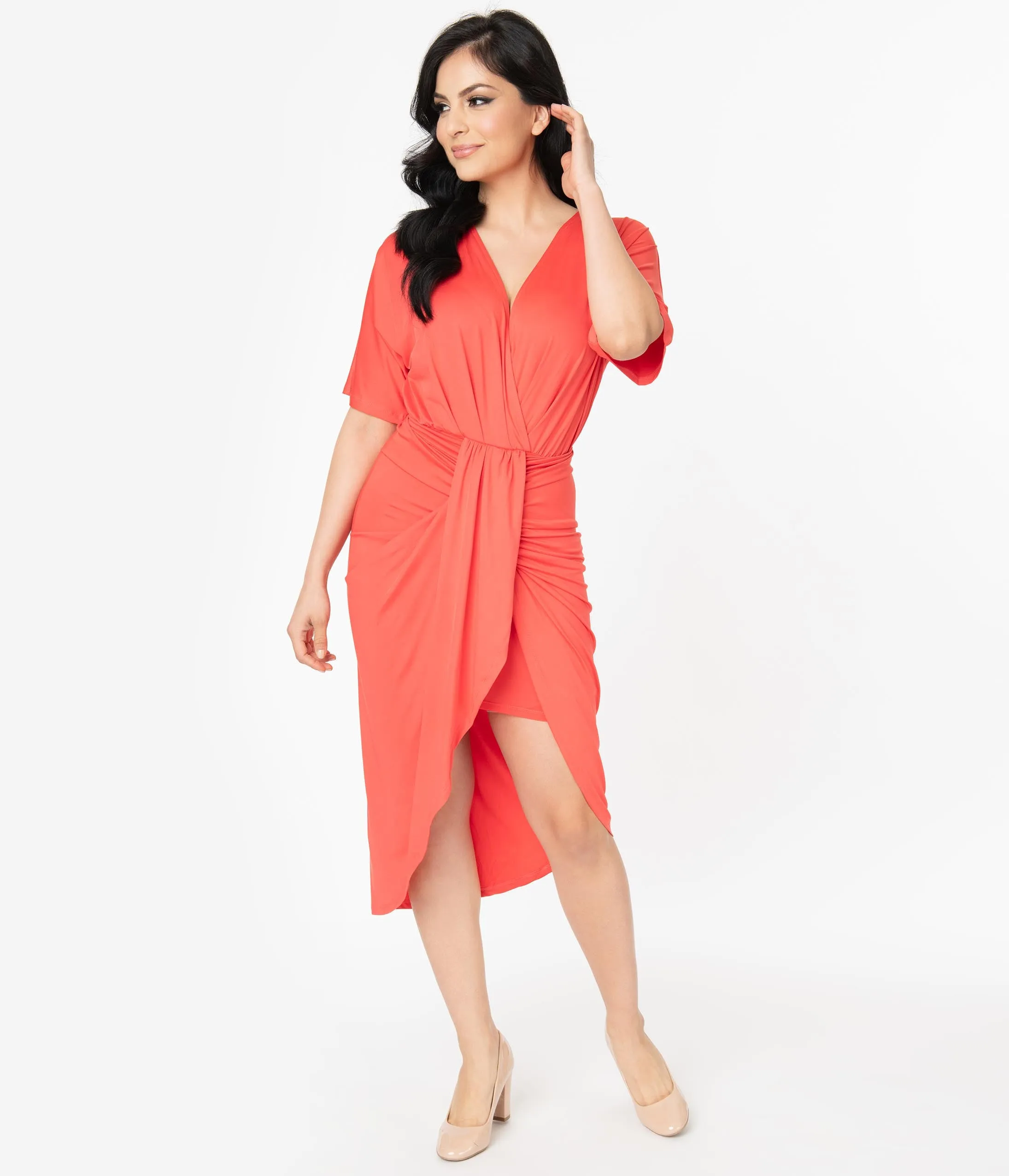 Retro Style Coral Short Sleeve Ruched Wrap Front Dress