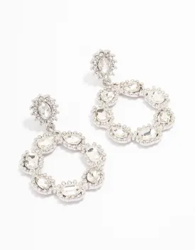 Rhodium Multi Diamante Circle Drop Earrings