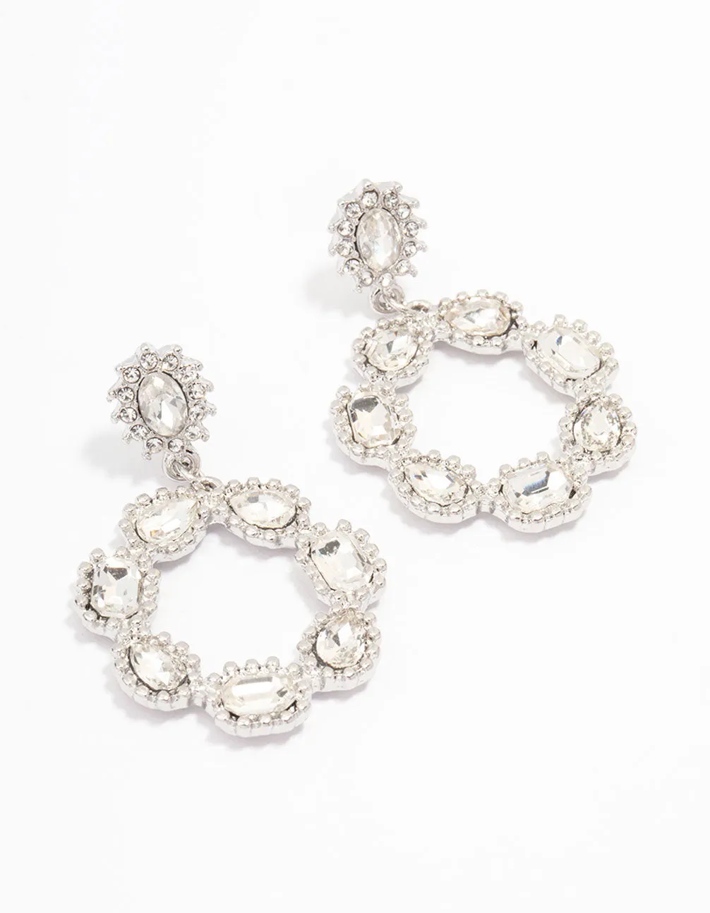 Rhodium Multi Diamante Circle Drop Earrings