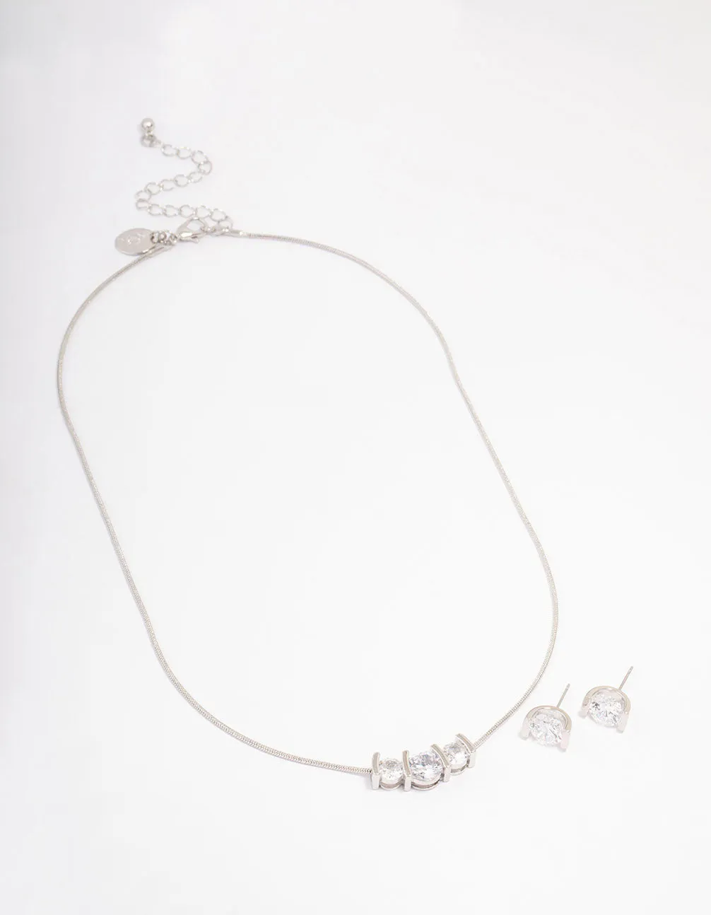 Rhodium Triple Diamante Necklace & Earring Jewellery Set