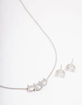 Rhodium Triple Diamante Necklace & Earring Jewellery Set