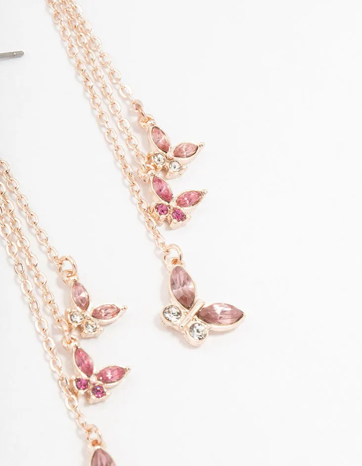 Rose Gold Pink Butterfly Diamante Drop Earrings