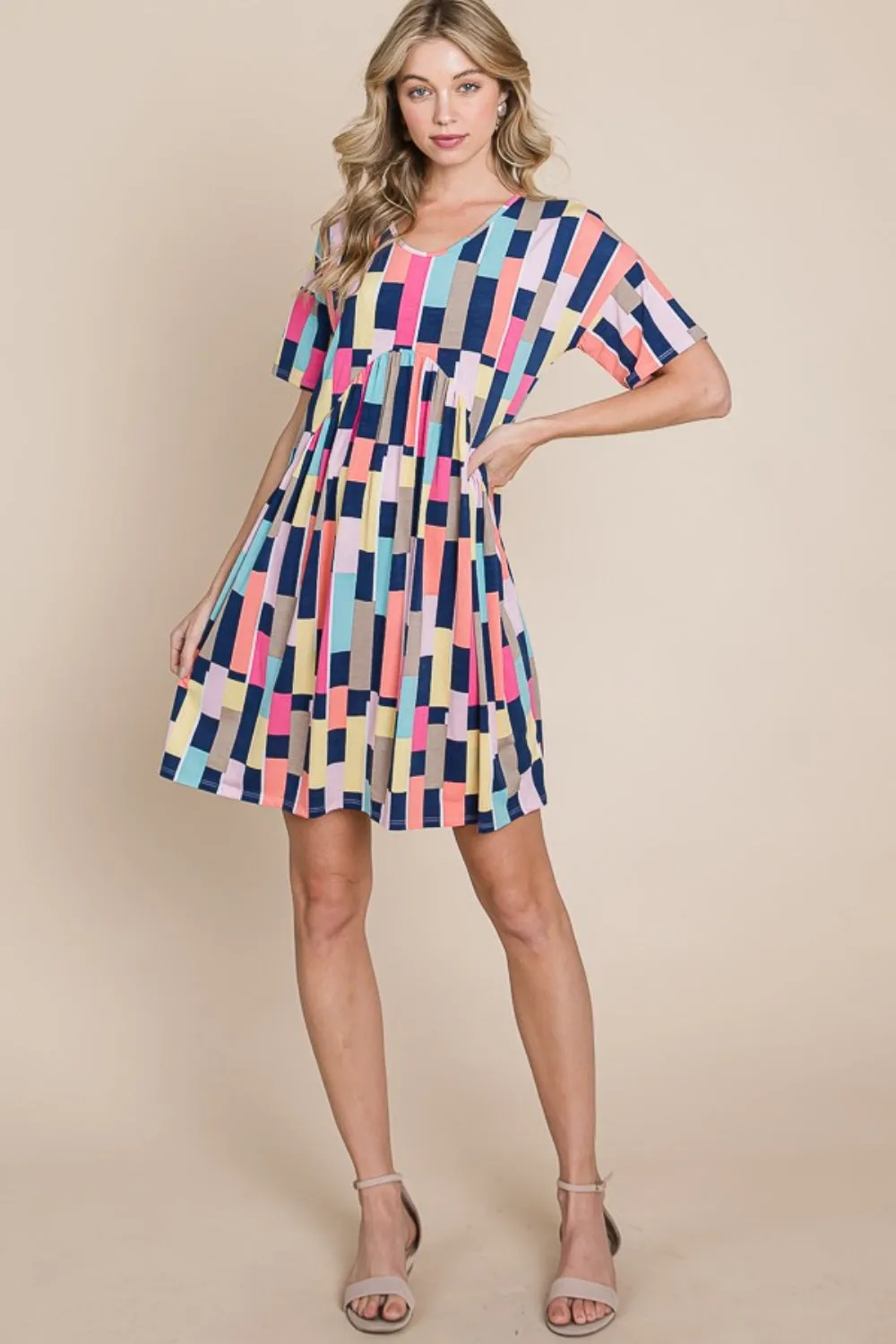 Ruched Color Block Short Sleeve Mini Dress