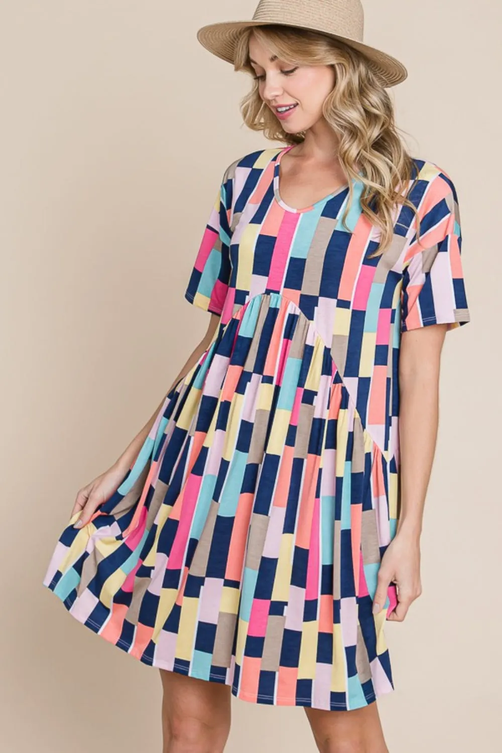 Ruched Color Block Short Sleeve Mini Dress