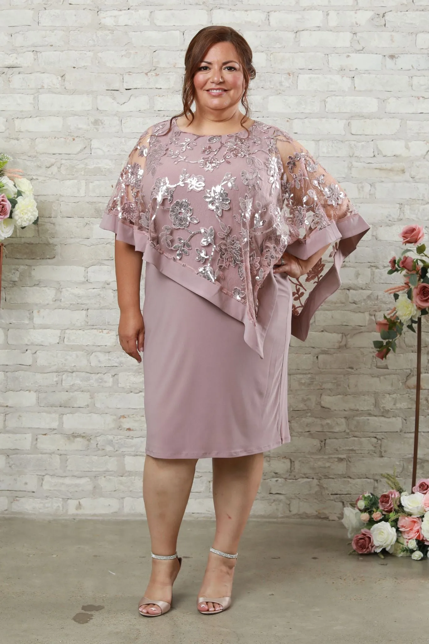 Short Sequin Floral Lace Poncho Dress - Plus