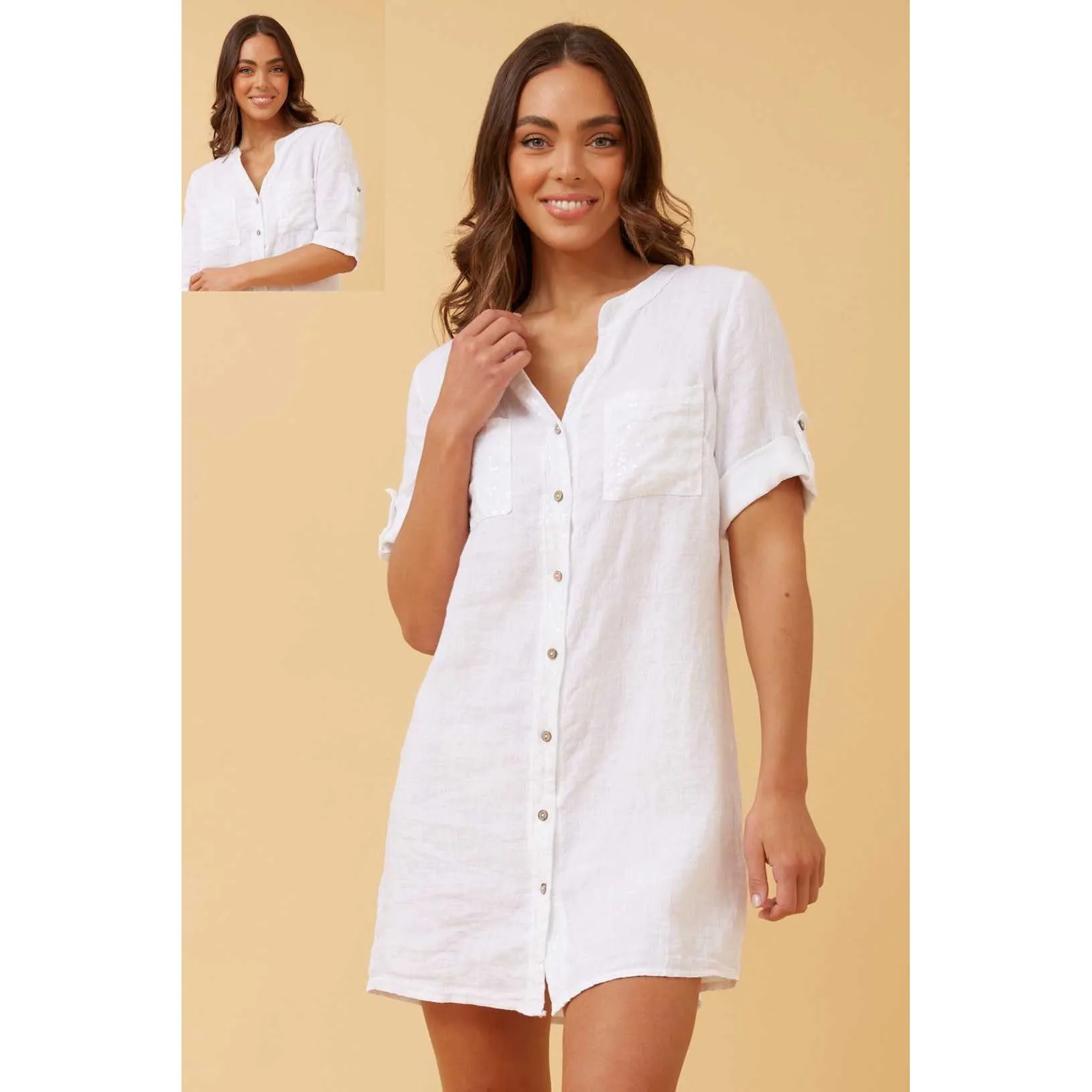 Short Sleeve Button Up Dress With Pockets And Sequin Detail - White