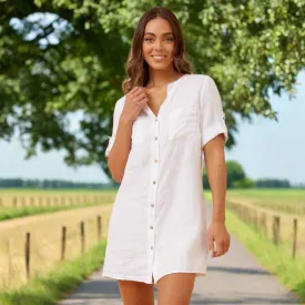 Short Sleeve Button Up Dress With Pockets And Sequin Detail - White