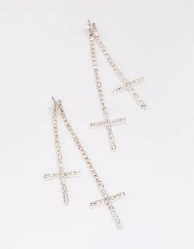 Silver Double Cross Cupchain Drop Earrings