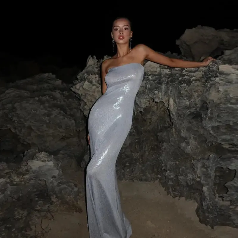 Silver Metallic Strapless Maxi Dress