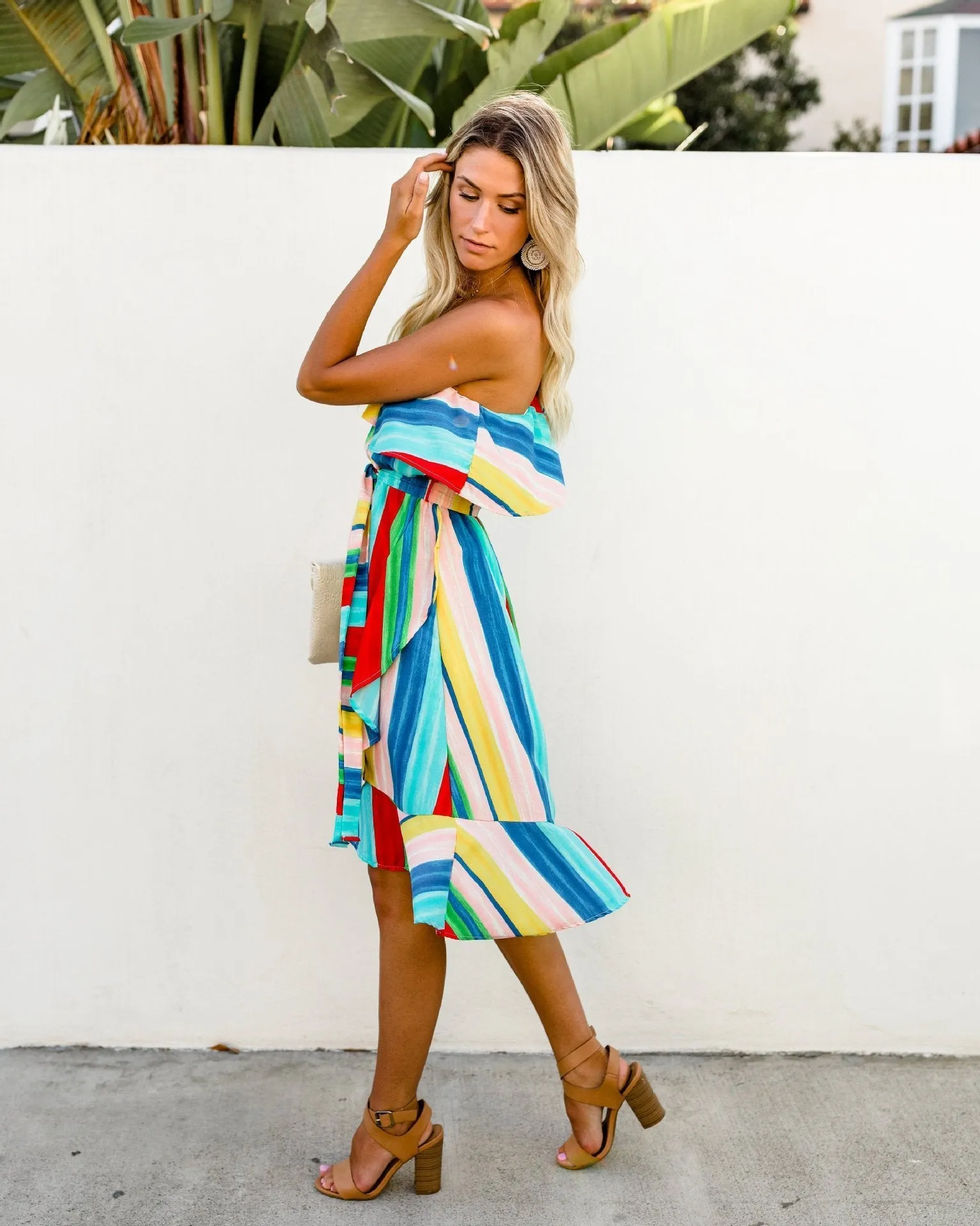 Sloping Shoulder Strapless Lace-Up Irregular Rainbow Striped Dress