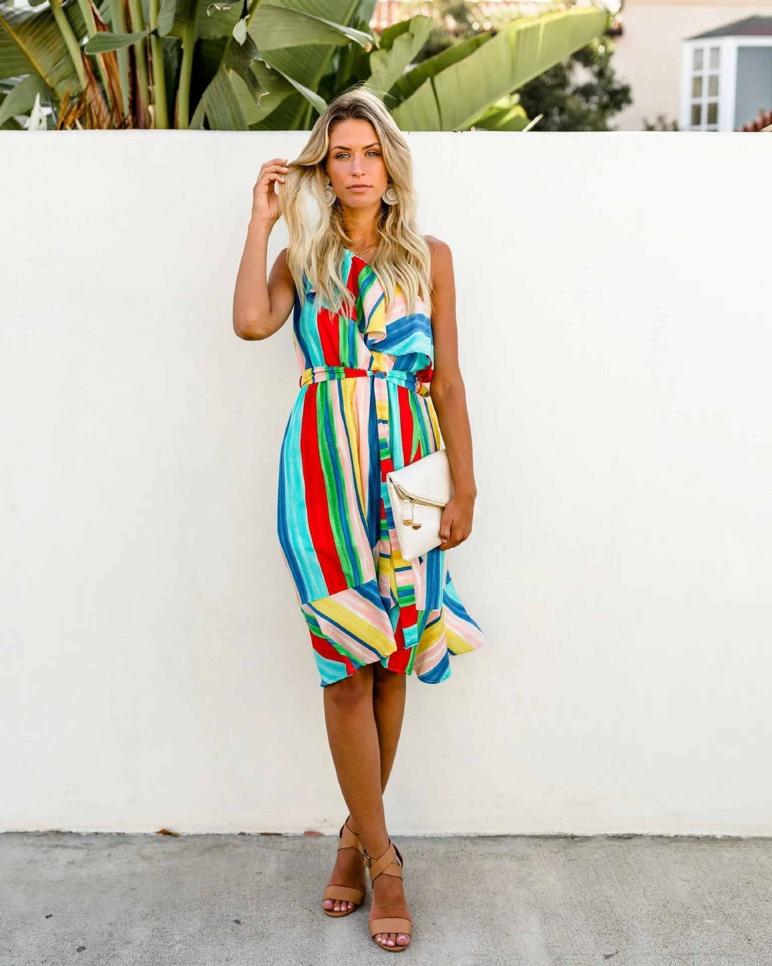 Sloping Shoulder Strapless Lace-Up Irregular Rainbow Striped Dress