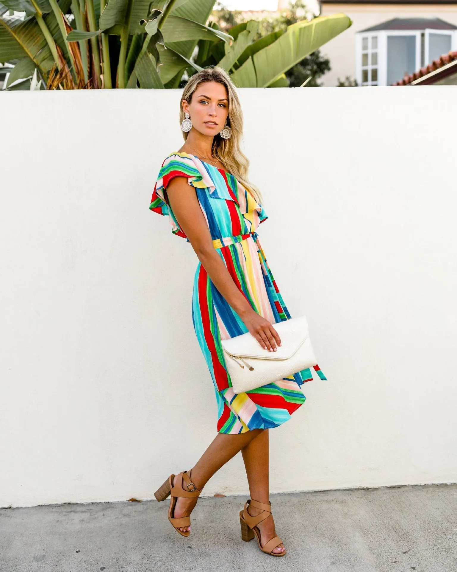 Sloping Shoulder Strapless Lace-Up Irregular Rainbow Striped Dress