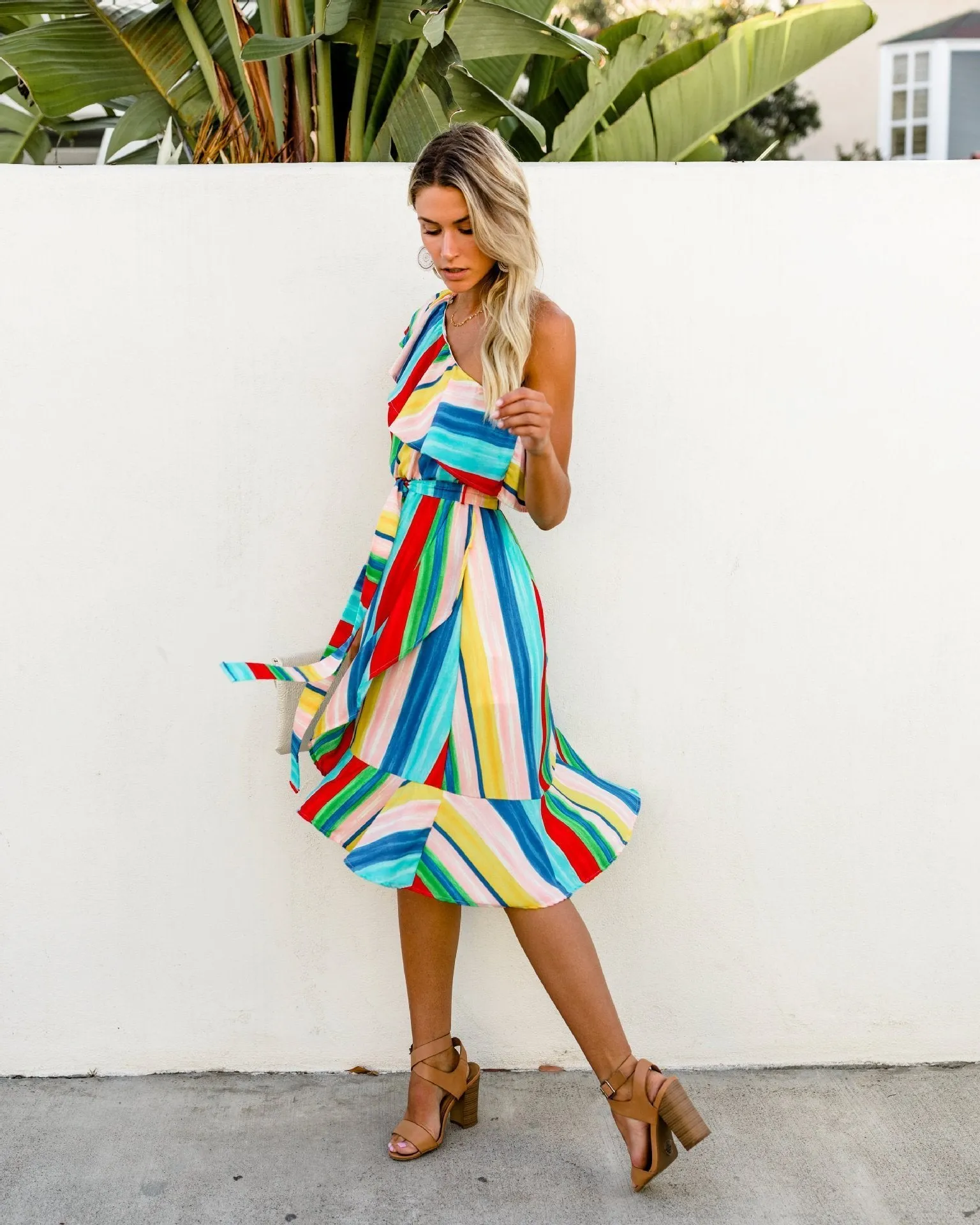 Sloping Shoulder Strapless Lace-Up Irregular Rainbow Striped Dress