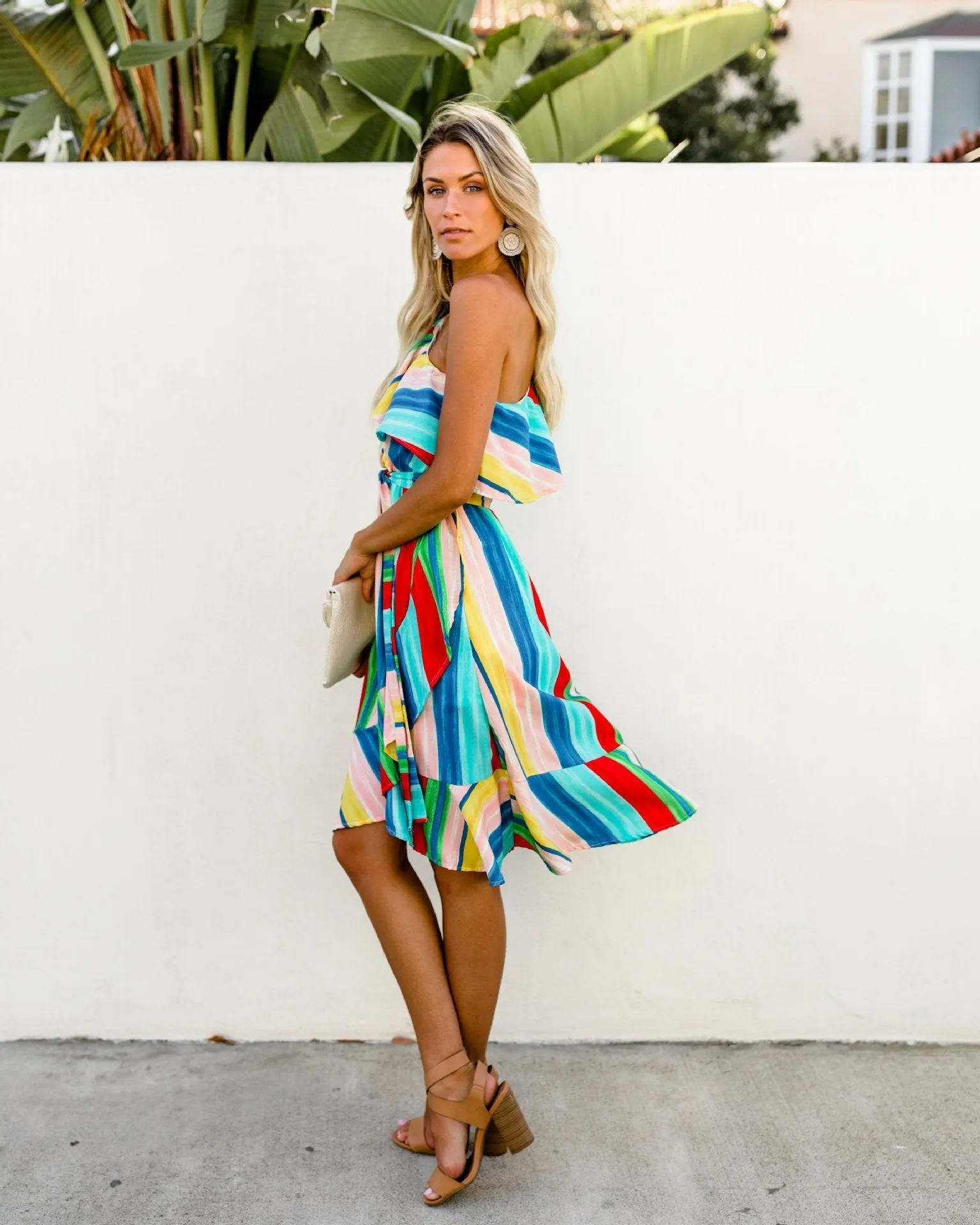 Sloping Shoulder Strapless Lace-Up Irregular Rainbow Striped Dress