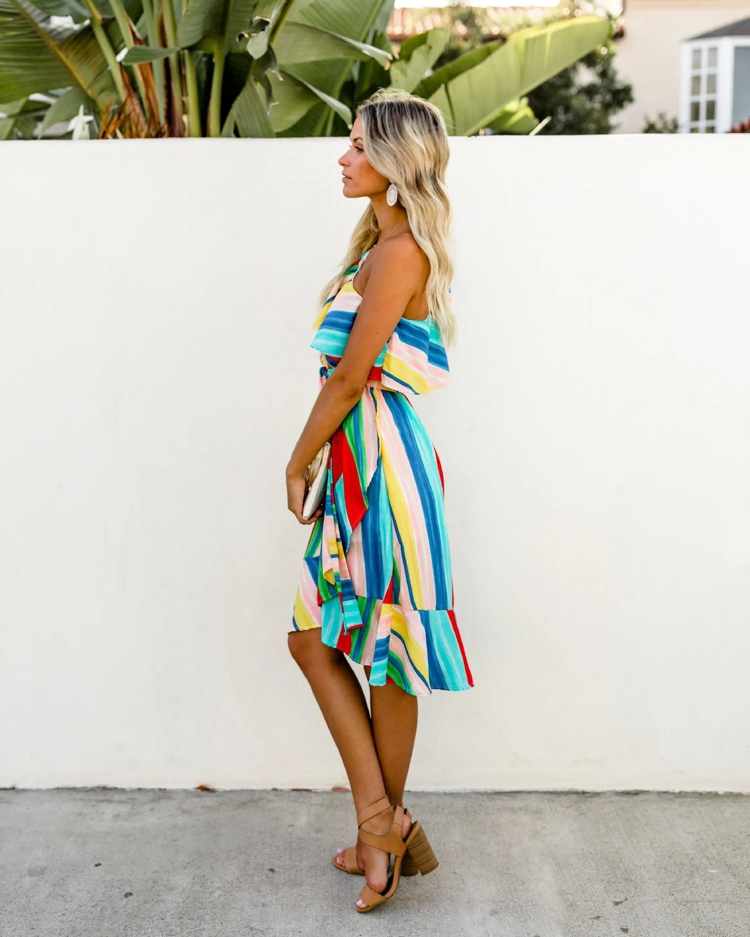 Sloping Shoulder Strapless Lace-Up Irregular Rainbow Striped Dress