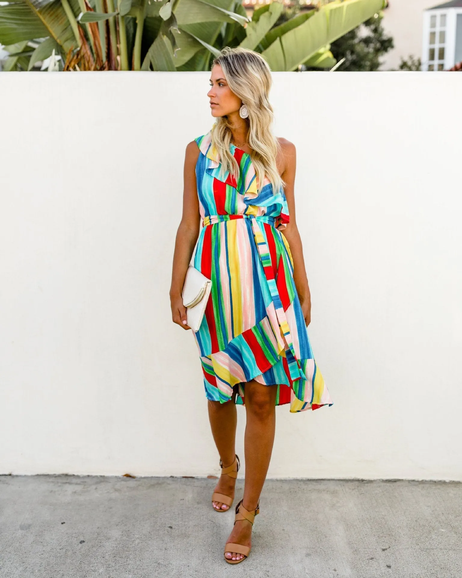 Sloping Shoulder Strapless Lace-Up Irregular Rainbow Striped Dress