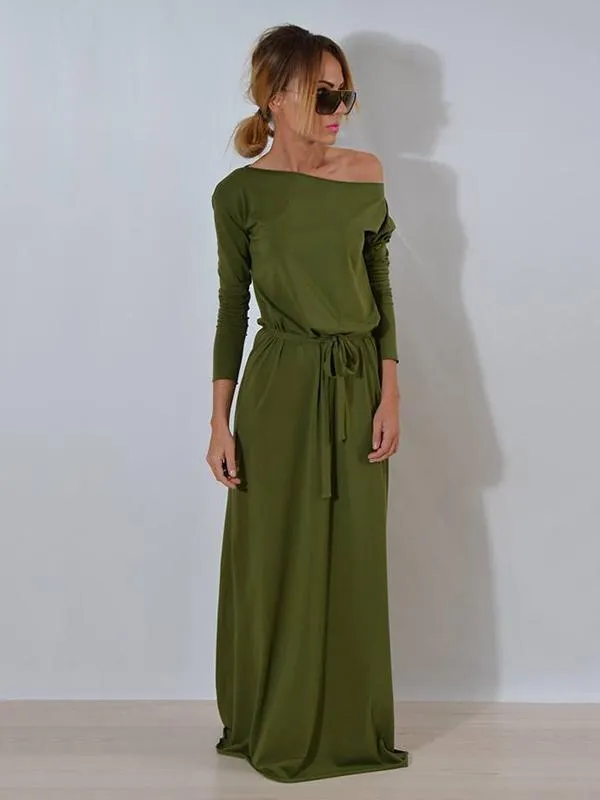 Solid Color Belted Long Sleeves Maxi Dress