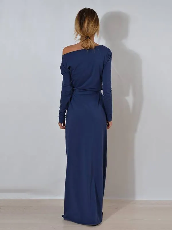 Solid Color Belted Long Sleeves Maxi Dress