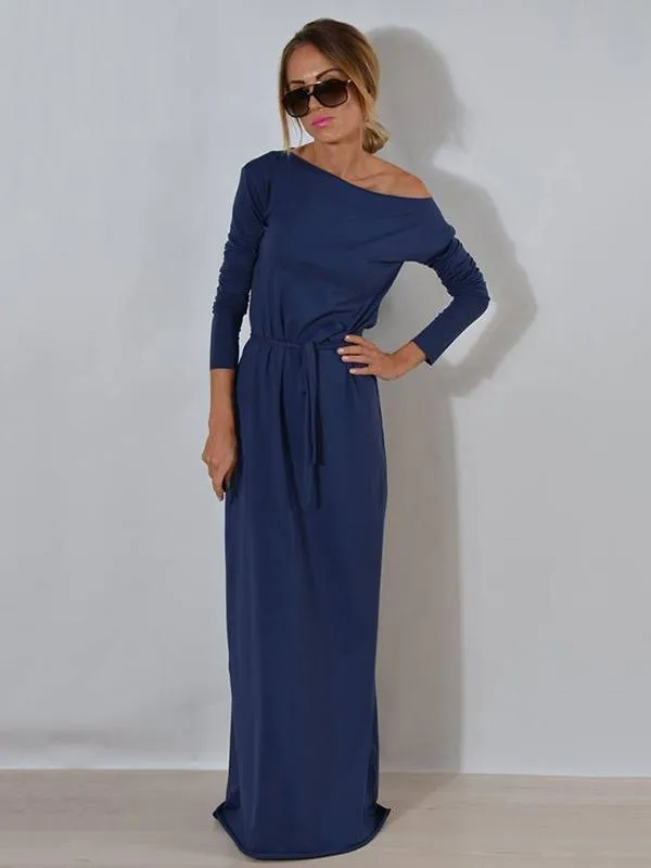 Solid Color Belted Long Sleeves Maxi Dress