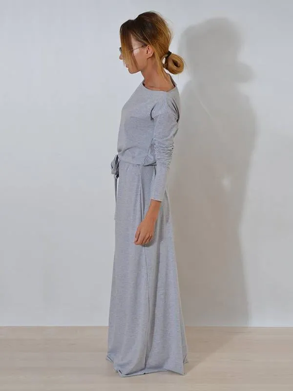 Solid Color Belted Long Sleeves Maxi Dress