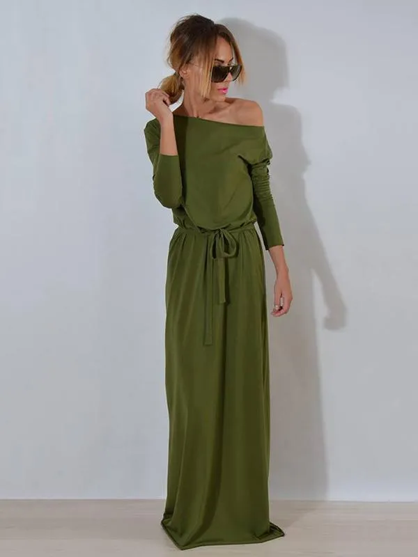 Solid Color Belted Long Sleeves Maxi Dress