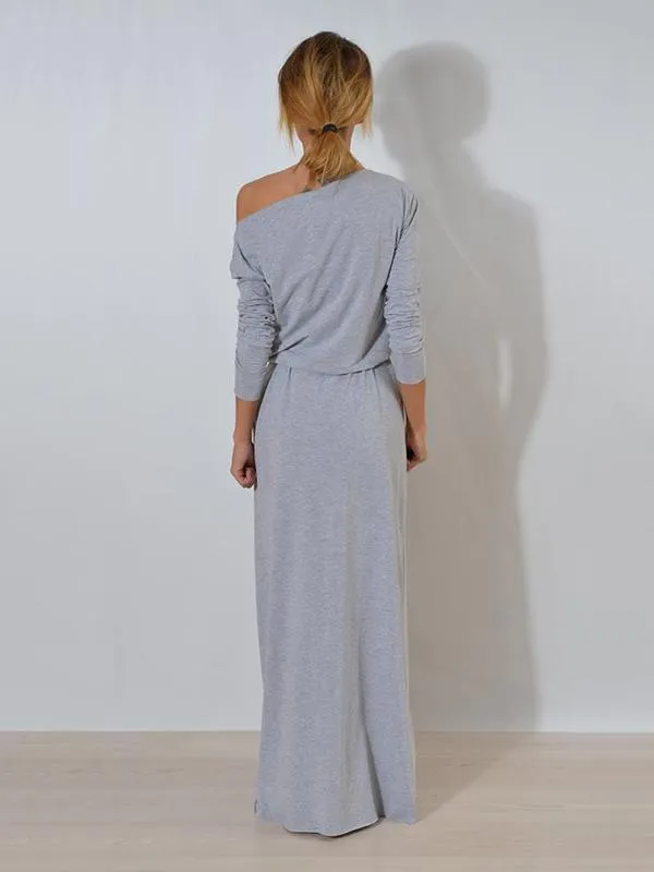 Solid Color Belted Long Sleeves Maxi Dress