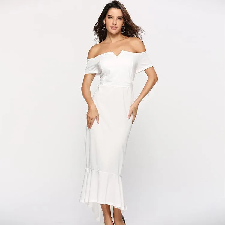 Solid Color Off Shoulder Irregular Evening Maxi Dress