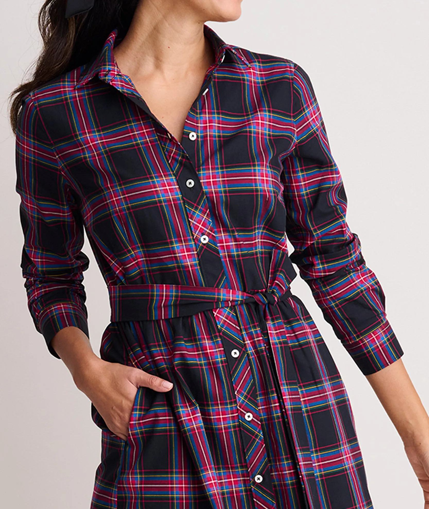 Stretch Cotton Stewart Plaid Cassie Shirt Dress