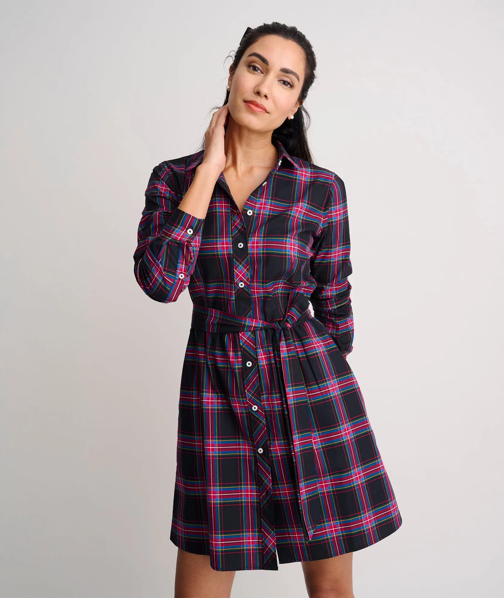 Stretch Cotton Stewart Plaid Cassie Shirt Dress