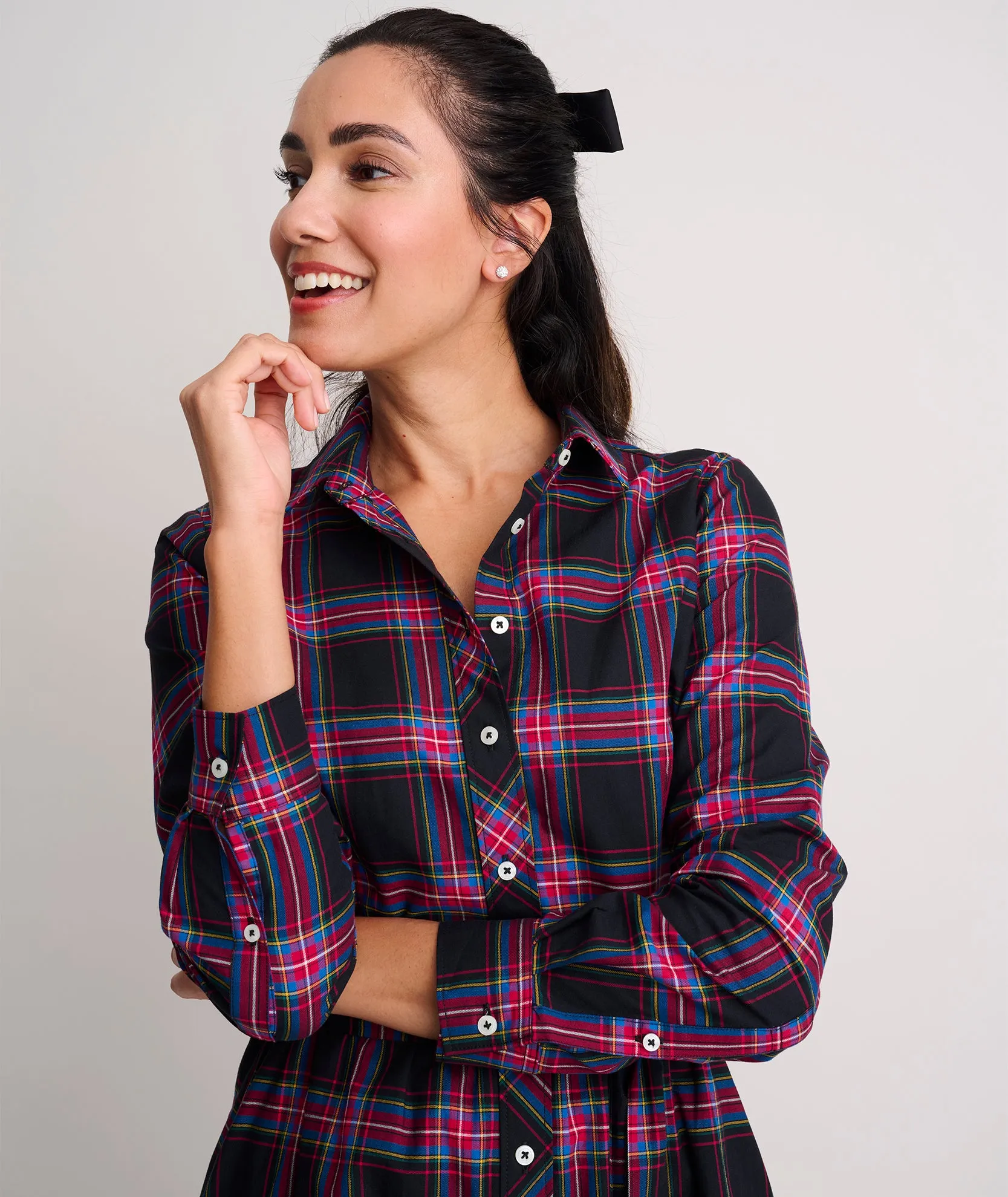 Stretch Cotton Stewart Plaid Cassie Shirt Dress