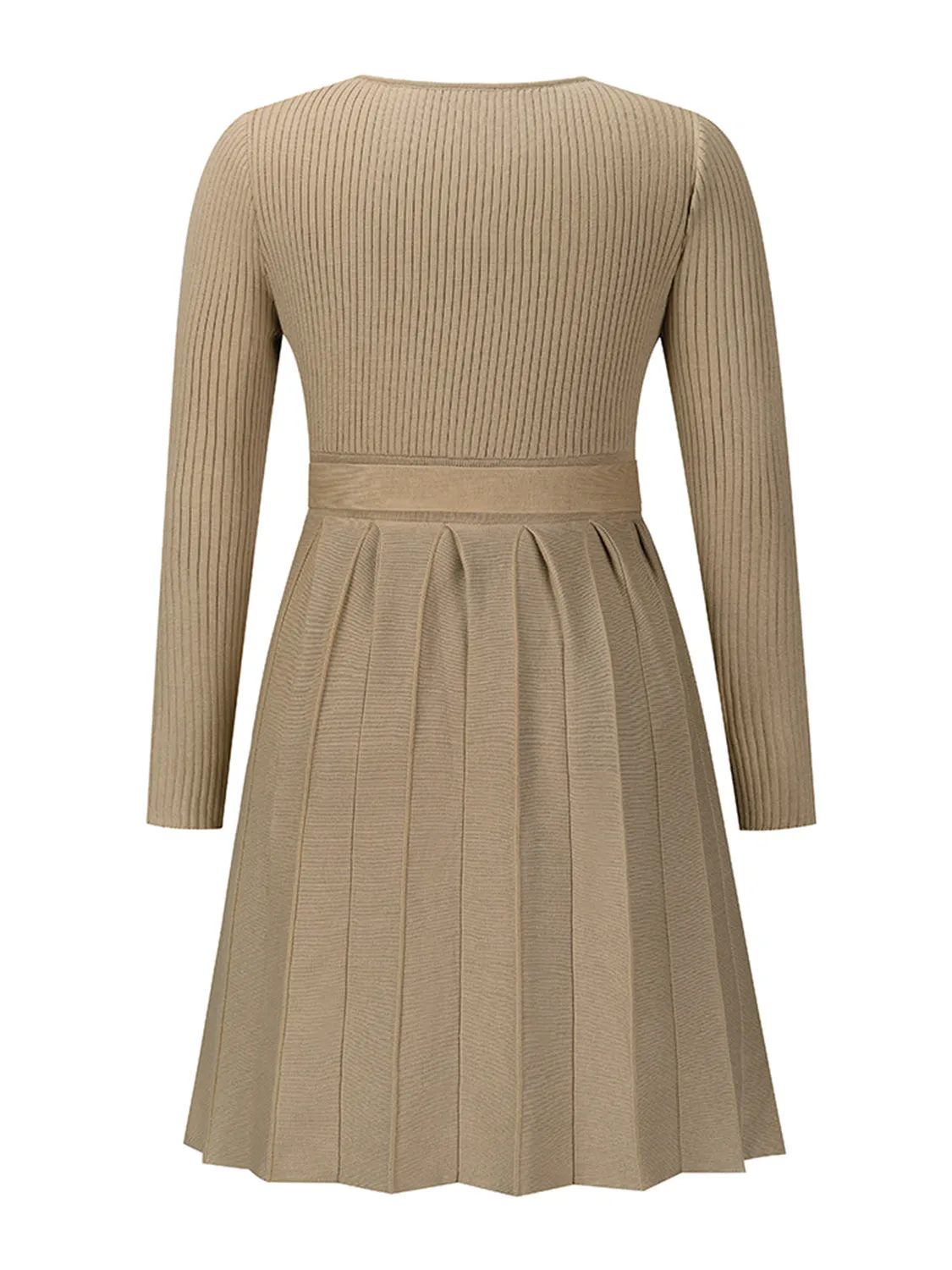 Surplice Neck Tie Front Pleated Sweater Dress with Moderate Stretch