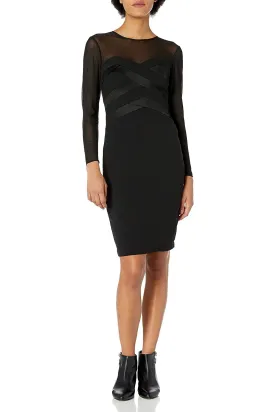 Taylor Crew Neck Long Sleeve Crossed Bodycon Keyhole Zipper Back Crepe Mesh Dress