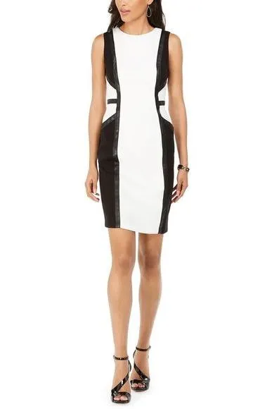 Taylor Crew Neck Sleeveless Banded Zipper Back Pockets Crepe Panel Dress