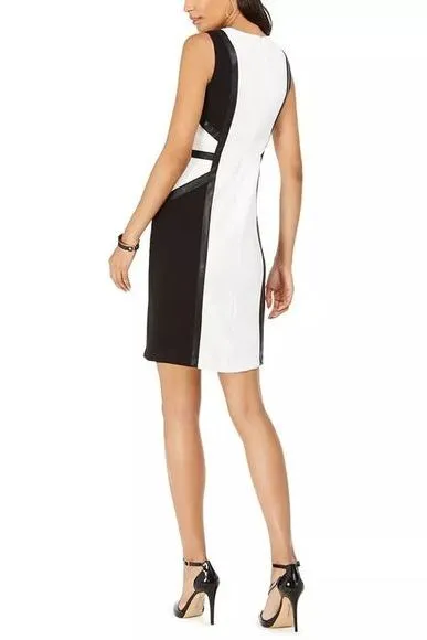 Taylor Crew Neck Sleeveless Banded Zipper Back Pockets Crepe Panel Dress