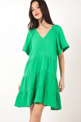 Texture V-Neck Ruffled Tiered Dress