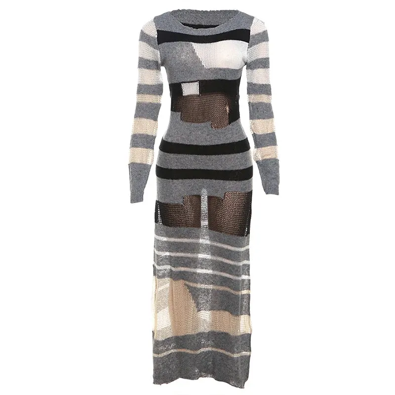 Trendy Stripe Patchwork Long Sleeve o-Neck Maxi Dresss