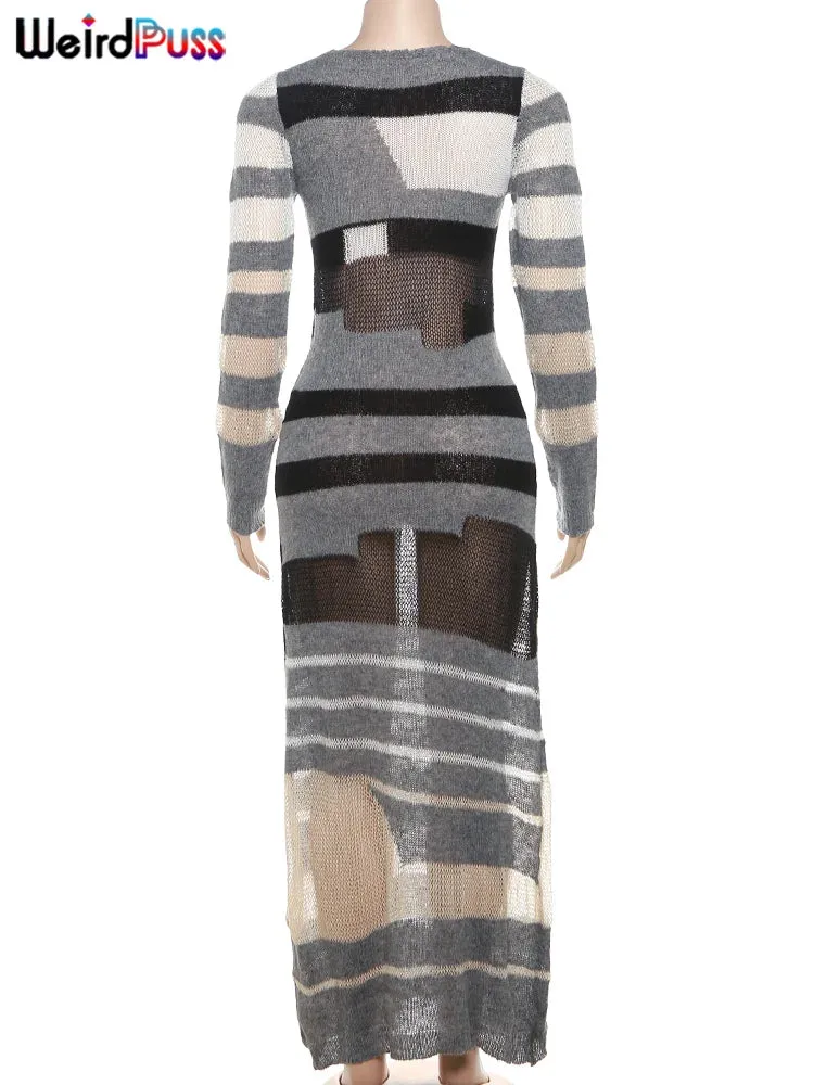 Trendy Stripe Patchwork Long Sleeve o-Neck Maxi Dresss