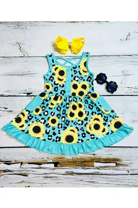 Turquoise cheetah print w/sunflowers swirl dress w/pockets