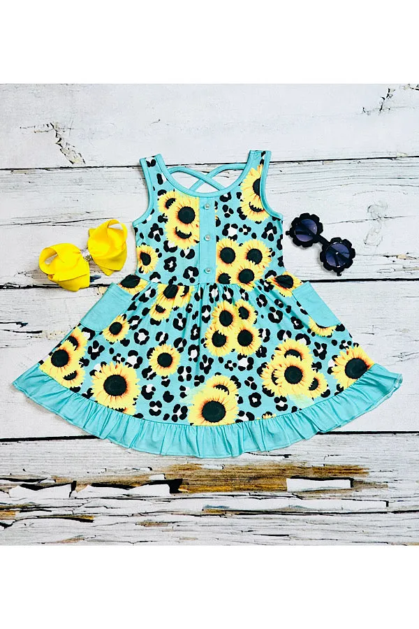 Turquoise cheetah print w/sunflowers swirl dress w/pockets