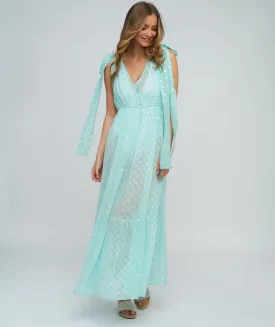 Turquoise Maxi Dress with Metallic Spot Print and Tie Sleeves