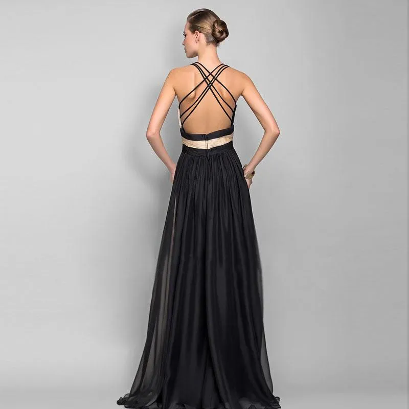 Two-color Sleeveless V-Neck Maxi Evening Dress